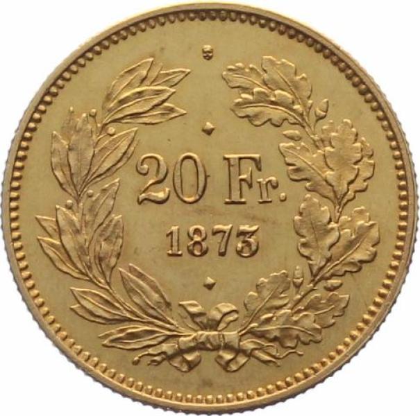 „Schweiz 20 Franken 1873 – 3 Punkt Probe in Gold“